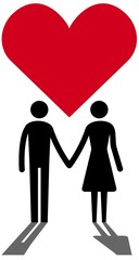 Minimalist love concept illustration, handmade vector of a couple with big heart and shadows.