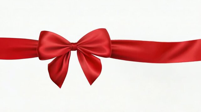 Elegant red satin ribbon waving smoothly across white background. Festive decoration element for holidays and gifts.