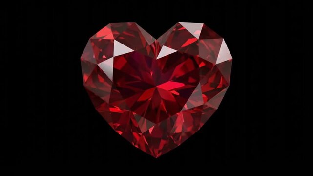 Faceted red ruby crystal heart rotating on black background. Precious gemstone animation for romantic luxury concepts. Seamless loop