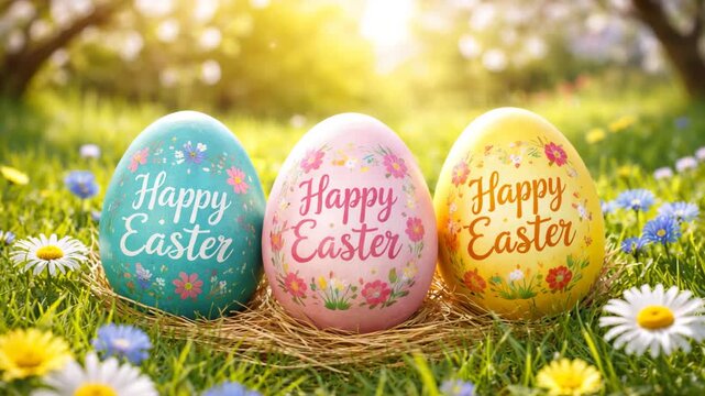 Colorful Easter eggs with floral designs and "Happy Easter" text arranged in a nest on green grass surrounded by daisies and sunlight filtering through trees