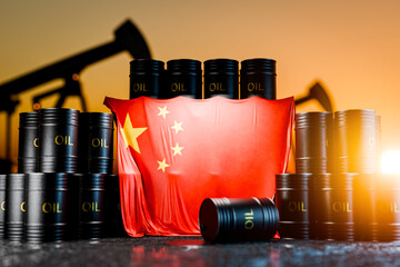 Black barrels of crude oil or fuel with the Chinese flag. Sanctioned oil. A barrel of oil depicting the Chinese flag. Oil production in China. The price of oil produced in China. 3D render.