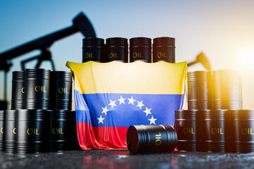 Black barrels of oil or fuel with the Venezuelan flag. Oil production in Venezuela. The price of oil produced in Venezuela. Venezuelan oil. 3D render.