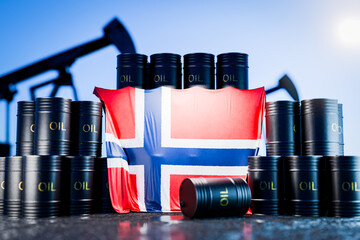 Norwegian oil. Black barrels of oil or fuel with the Norwegian flag. A barrel of oil depicting the Norwegian flag. Oil production in Norway. The price of oil produced in Norway. 3D rendering.