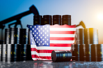 American oil. Black barrels of oil or fuel with the US flag. Barrel of oil depicting the United States of America. Oil production in the United States. The price of oil produced in America. 3D render.