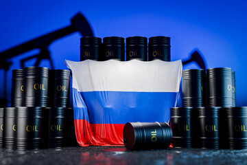 Black barrels of oil or fuel with the Russian flag. Sanctioned oil. A barrel of oil with the Russian flag depicted on it. Oil production in Russia. The price of oil produced in Russia. 3D render.
