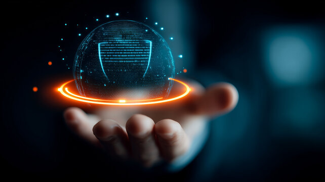 Hand presenting holographic digital shield symbolizing cybersecurity protection data privacy and virtual network defense technology.
