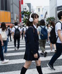 A young East Asian female student wearing headphones walks across a crowded city crosswalk during the day.