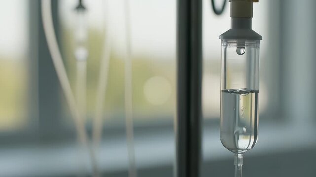 Medical IV drip chamber dropping clear saline solution in a hospital room, symbolizing chemotherapy and hydration therapy.