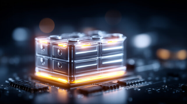 Transparent digital data cube on motherboard representing secure data storage and computing technology.
