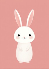 Obraz premium A friendly bunny stands upright on a soft pink background. The design features rounded shapes and gentle hues, perfect for kids.