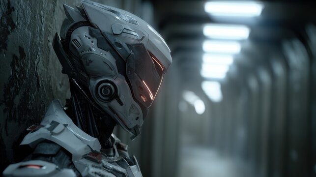 Futuristic robotic helmet in sci-fi corridor.