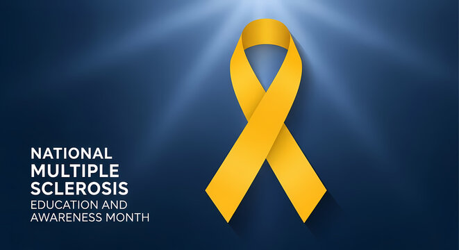 Yellow awareness ribbon is displayed against a dark blue background for National Multiple Sclerosis Education and Awareness Month.