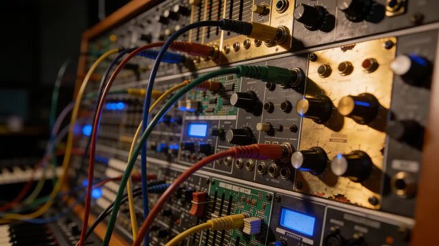 modular synthesizer wall filled with colorful patch cables orbit video