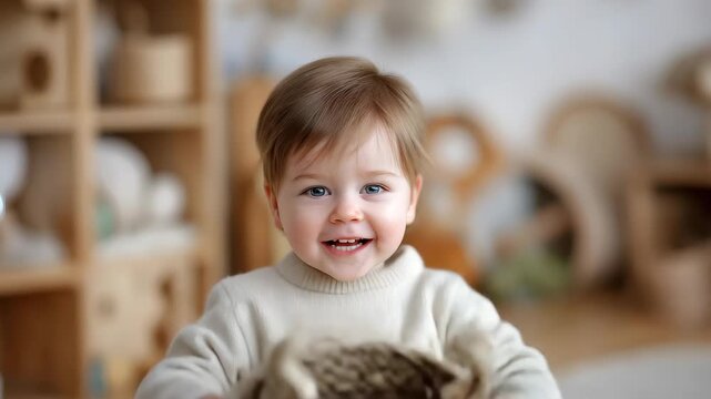 Cheerful baby enjoys playtime in cozy playroom while wearing a woven basket as a playful hat, full of joy and curiosity in a light-filled environment