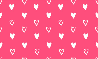 Naive art white hand drawn hearts seamless pattern on pink background. Love symbols. Valentines Day concept for design and print
