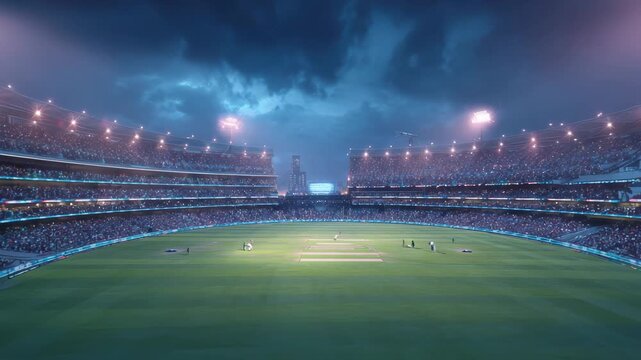 Cricket stadium buzzes with excitement as fans gather under vibrant lights for an evening match in a thrilling atmosphere