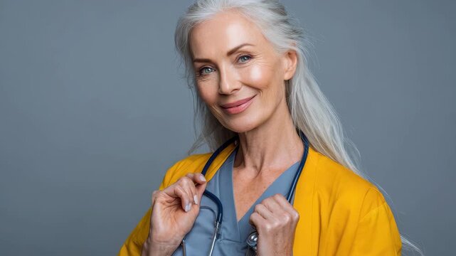 Senior woman nurse with gray hair wearing scrubs and stethoscope poses confidently in a warm and welcoming environment