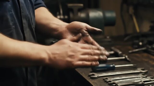Close-up of a man's hands selecting a wrench from a set of tools on a workbench in a dimly lit workshop with a focused and industrious mood.