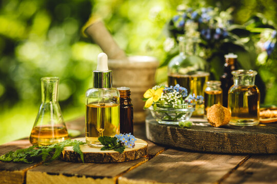 Mix of holistic flowers and herbs, salt, massage herb-infused essential oil in glass bottles. Aromatherapy, fragrance production. Herbal pure natural cosmetic ingredients on wooden background