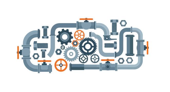 Intricate illustration of industrial machinery with gears, pipes and gauges.