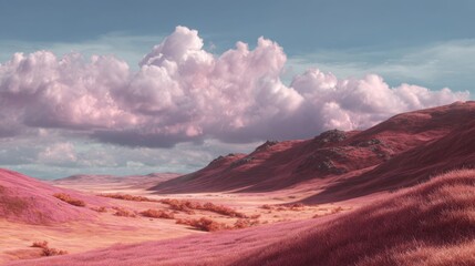 Naklejka premium Surreal landscape with pink grass and dramatic clouds.