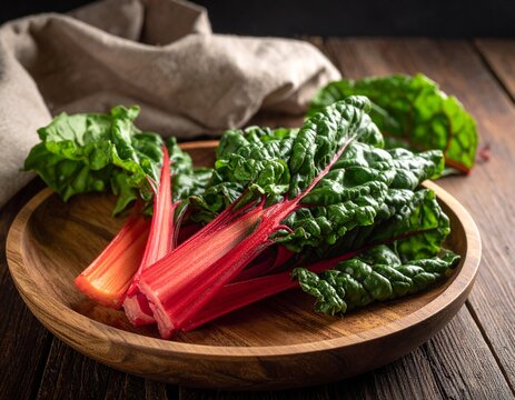 Feuilles de blettes crues dans un d&eacute;cor rustique. Generated Image. 