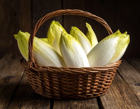 Endives fraiches déposées dans panier sur table en bois rustique. Generated Image. 