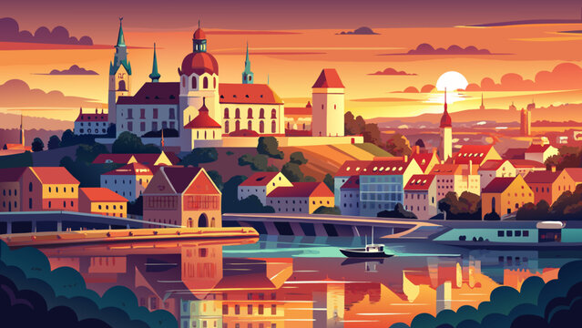 Very beautiful sunset cityscape of Bratislava, the capital of Slovakia, featuring historic architecture, river reflections, warm sky tones, and a peaceful European urban atmosphere.