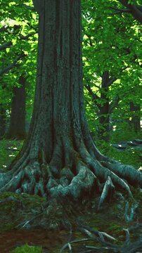 Wide buttress roots spreading across soil, botanist fieldwork location mapping root architecture, complex radial patterns, damp textured ground