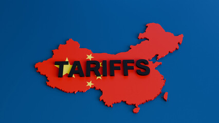 3D Tariffs Text Over China Map with Chinese Flag Pattern on Blue Background