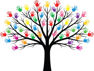 Colorful handprint tree representing diversity unity inclusion community children creativity teamwork education growth isolated on white background illustration
