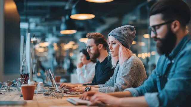 Collaborative team working on creative projects in a modern office environment with computers and focused expressions
