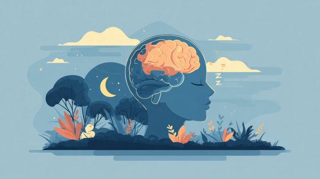 A brain and sleep cycle concept with soft night colors and a clean design. Nature elements surround the figure in a peaceful setting.
