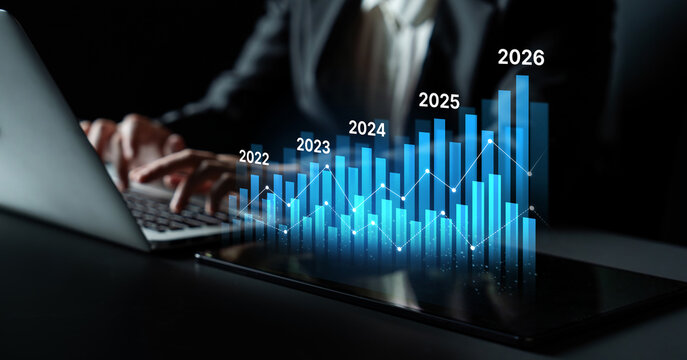 Business bar chart and line graph showing yearly business growth from 2022 to new year 2026, represent data analytics, future 2026 planning, business 2026 trend, and performance analysis 2026 Latch