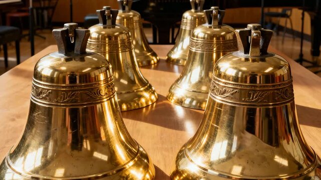 set of polished handbells arranged on table in choir rehearsal room zoom in video
