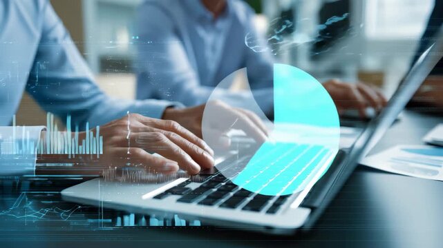 Engagement in technology and financial advisory services while reviewing digital data analytics and reports in a modern office environment