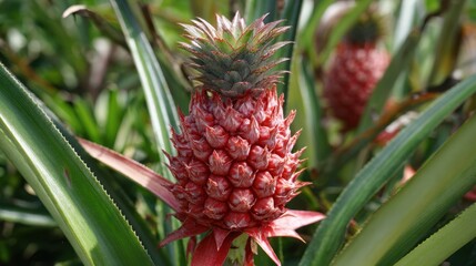 Unripe red pineapple growing in lush greenery with spiky leaves.