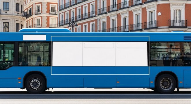 Side view of a blue city bus in madrid with a large blank white mockup area for advertising or branding