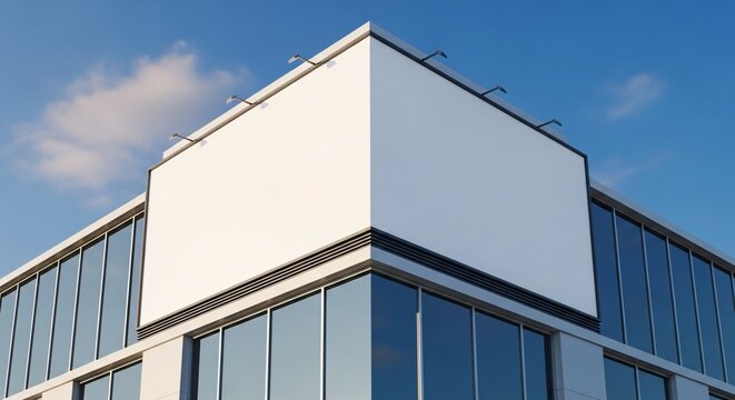 Empty white billboard on a modern building corner, realistic graphic style, clear blue sky background, concept of outdoor poster or ad mockup, 3D Rendering
