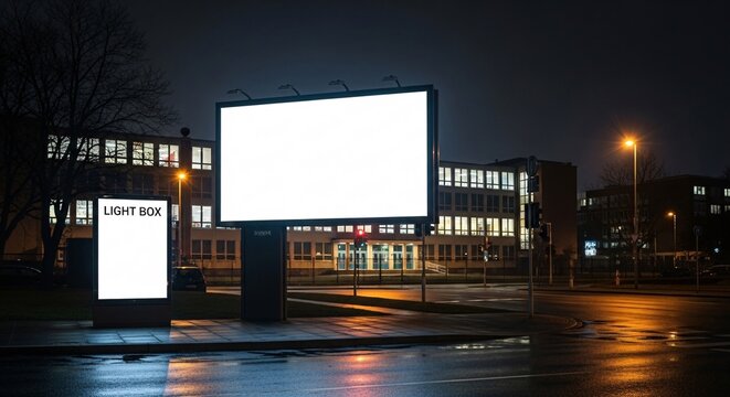 Outdoor Billboard Mockup In Front Of The School At Night. Blank Street Poster Light Box On Sidewalk