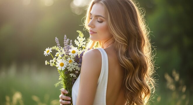 Caucasian woman with long wavy hair wears a backless white dress while holding flowers in a natural setting. Great for romantic, spa, beauty, or summer lifestyle promotional visuals.