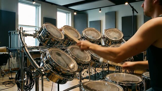 set of rototom drums mounted on rack in percussion studio video