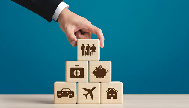 Stacking Wooden Blocks Representing Family, Health, Travel, Finance, and Home Security Concepts in Business Context