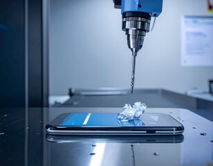 Precision Drilling - Robotic Arm Engaged in Smartphone Manufacturing Process.