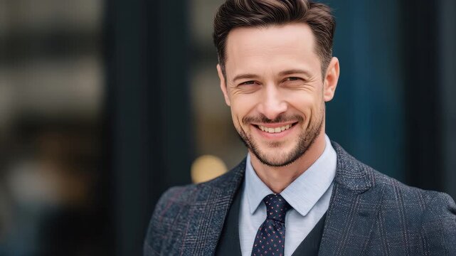 Stylish and confident commercial model businessman posing outdoors in a city setting during daylight hours