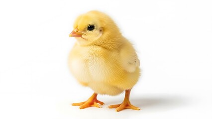 Obraz premium Fluffy yellow chick standing on white. Close up of newborn bird looking at viewer