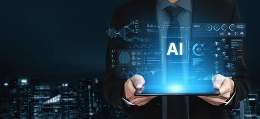 A futuristic AI dashboard for business intelligence. This platform showcases advanced data analytics, processing complex information into visual charts and graphs for strategic insights. Fermion