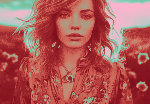 Red And White Boho Floral Grunge Stamp Photo Effect