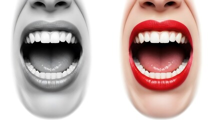 Naklejka premium Side-by-side close-up views of a mouth, one B&W, one color, open in an expression