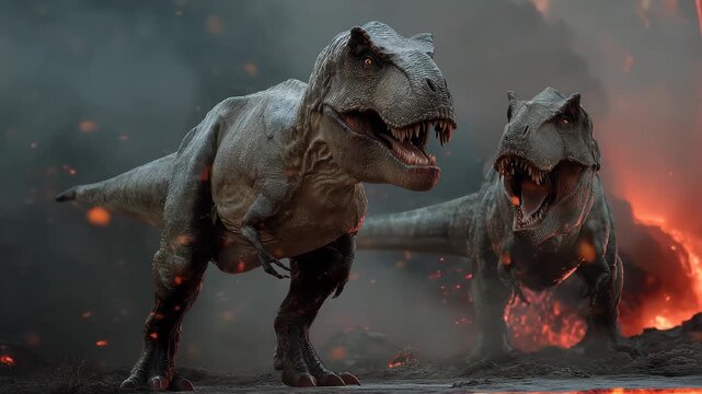 Tyrannosaurus Rex dinosaurs roar during a volcanic eruption in a dramatic prehistoric landscape filled with molten lava and ash clouds